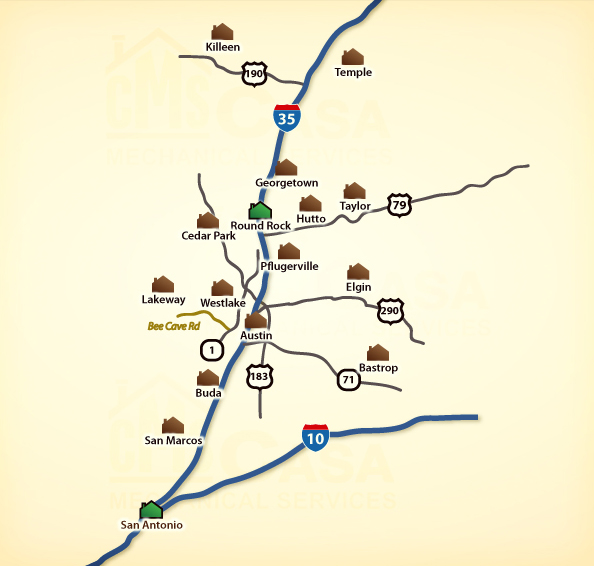 Casa Mechanical illustrated service-area map showing Killeen, Temple, Georgetown, Taylor, Round Rock, Cedar Park, Hutto, Lakeway, Westlake, Pflugerville, Elgin, Austin, Buda, San Marcos, Bastrop, Dripping Springs, and San Antonio — with Round Rock and San Antonio flagged as Casa headquarters